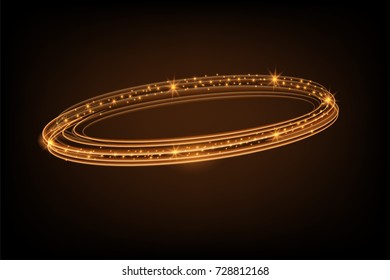 Circle shiny light effect. Rotational glow line.Glowing ring trace background. Round frame with glitter vintage lights .Vector of magic sparkling swirl