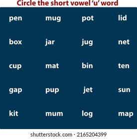 circle the short vowel u words, online education, worksheet for kids, searching game