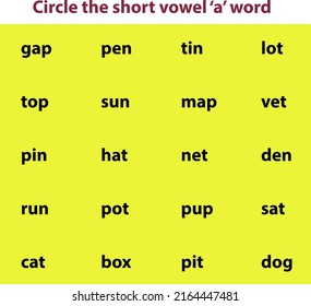 Circle the short vowel a word, educational kids activity, New learning concept