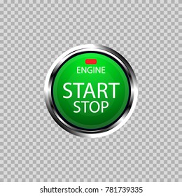 A circle is shown in the form of an automobile button for starting and stopping a green engine with white letters and a red light bulb in a metal case.