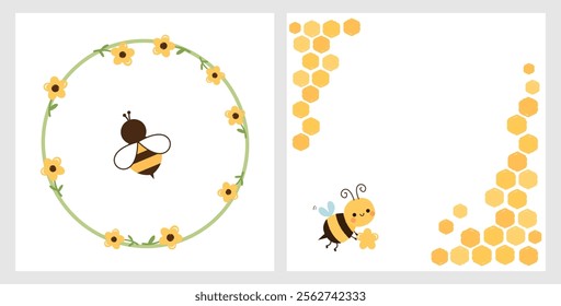 Circle sign with cute flower and bee cartoons, beehive honey sign with hexagon grid cells isolated on white backgrounds vector.