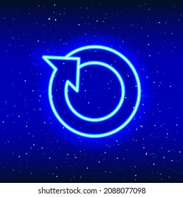 Diseño de neón de signo circular con una flecha giratoria interminable. Diseño moderno de señal redonda giratoria. Signo de actualización con flecha de galaxia. Icono de neón único y realista. Icono lineal sobre fondo azul.