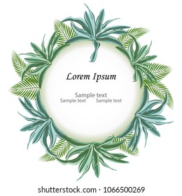 Circle sign with text space of tropical leaves palm branch and dracaena. Suitable for nature concept, vacation, and summer holiday. Vector Illustration