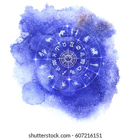 Circle with signs of zodiac and constellations on blue watercolor background. Zodiacal system and ancient calendar. Hand drawn horoscope illustration, vector illustration