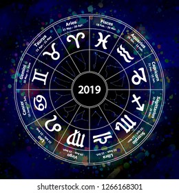 Circle with signs of zodiac on watercolor background. Vector illustration. Freehand drawing