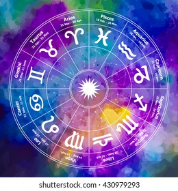 Circle with signs of zodiac on watercolor background. Vector illustration. Astrology.