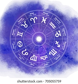 Circle with signs of zodiac on watercolor background. Vector illustration. Freehand drawing