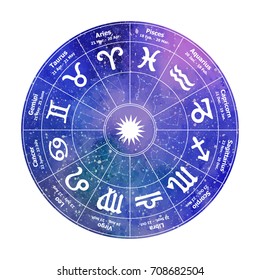 Circle with signs of zodiac on watercolor background. Vector illustration. Freehand drawing