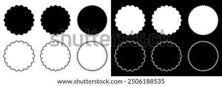 Circle silhouette fill and outline scalloped frames set isolated on black and white background.