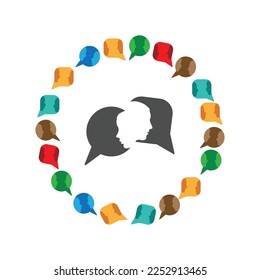 Circle silhouette of man and woman head with speech bubbles. Different thoughts and words. Understanding between male and female persons