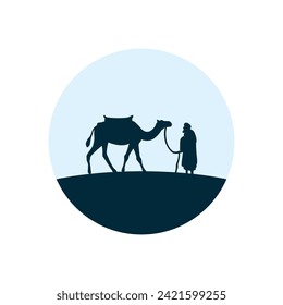circle silhouette of person carrying camel. Islamic concept