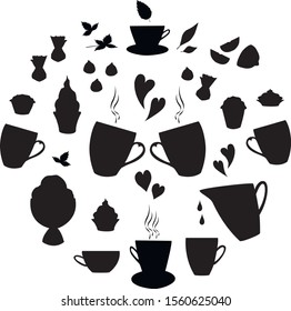 Circle of silhouettes tea, coffee, sweets and love
