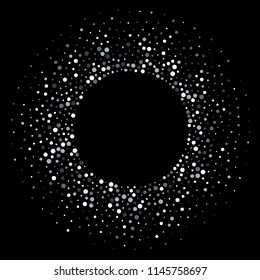 Circle of silver confetti or shiny radial glitter particles. Vector background of glittery sparkling dots frame for Christmas, New Year or birthday and luxury fashion and cosmetic design backdrop