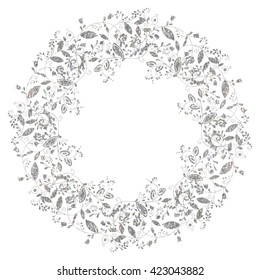 Circle silver floral frame in doodle style on white background. Elegant hand drawn flourish border or frame for greeting card, postcard, invitation, banner, flyer, poster, label. Vector illustration.