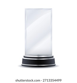 Circle silver glass trophy award with soft glowing edges, realistic crystal highlights, and engraved laurel wreath symbol suitable for modern ceremony designs, elegant award visuals, and polished vect