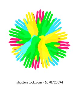 circle from simple colorful overlapping hands, community or diversity concept, vector icon illustration