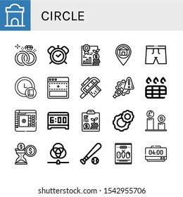 circle simple icons set. Contains such icons as Ticket office, Wedding ring, Alarm clock, Analytics, Placeholder, Trunk, Clock, Add, Saw, can be used for web, mobile and logo