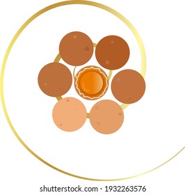 a circle of six eggs with dots and a broken egg in the middle on a gold spiral background 