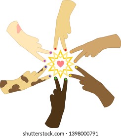 A circle of six hands with different skin color and manicure in the colors of the flag lgbt, showing a victory sign, around a heart in a star-shaped frame.