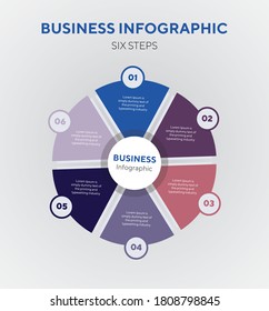 Circle six steps info-graphics design. Abstract business workflow presentation with numbers. Best for presentation graphic, process workflow, commercial slideshow or website landing interface. 