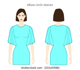 Circle sleeves elbow length clothes lady character in aqua dresses, tops, shirts technical fashion illustration with fitted body. Flat apparel template front, back sides. Women, men unisex CAD mockup