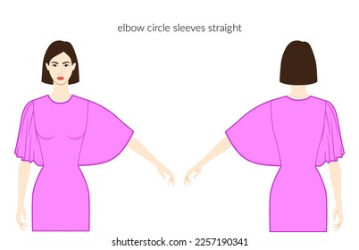 Circle sleeves elbow length clothes character beautiful lady in magenta top, shirt, dress technical fashion illustration, fitted. Flat apparel template front, back sides. Women, men unisex CAD mockup