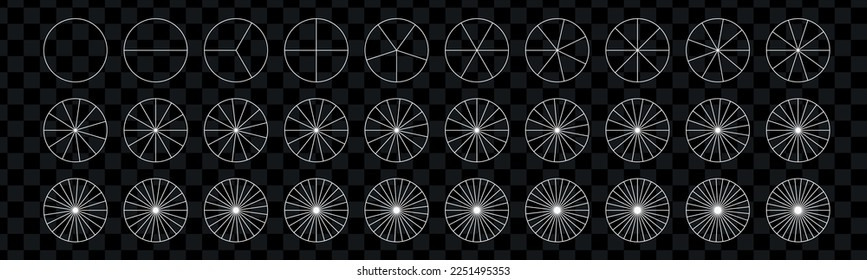 Circle slice division. Segment slice set. Simple geometry. Diagram with sections or steps. Pizza geometry math. Vector isolated illustration