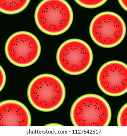 Circle slices of watermelon on a black background. Seamless pattern.
