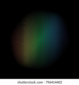 circle of small circles halftone effect with iridescent color and wavy distortion on a black background
