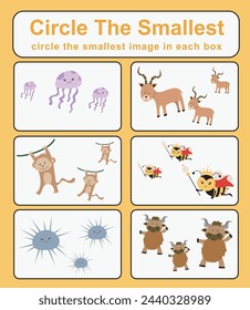Circle the smallest worksheet. Learning about comparison. Printable activity page for kids. Educational children game. Kids activity sheet. Educational printable worksheet. Vector file.