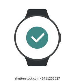 Circle smart watch with approved green button. Successful payment icon on screen. Vector
