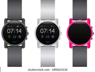 Circle smart watch set on white background. Different black white color smartwatches collection. Easy to edit