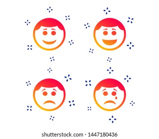 Circle smile face icons. Happy, sad, cry signs. Happy smile chat symbol. Sadness depression and crying signs. Random dynamic shapes. Gradient smile icon. Vector