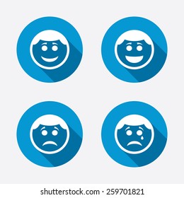 Circle smile face icons. Happy, sad, cry signs. Happy smiley chat symbol. Sadness depression and crying signs. Circle concept web buttons. Vector