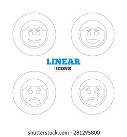 Circle Smile Face Icons. Happy, Sad, Cry Signs. Happy Smiley Chat Symbol. Sadness Depression And Crying Signs. Linear Outline Web Icons. Vector