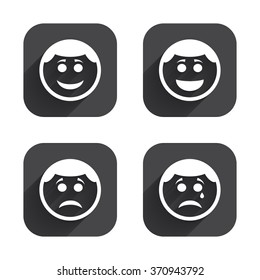 Circle smile face icons. Happy, sad, cry signs. Happy smiley chat symbol. Sadness depression and crying signs. Square flat buttons with long shadow.