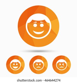 Circle smile face icons. Happy, sad, cry signs. Happy smiley chat symbol. Sadness depression and crying signs. Triangular low poly buttons with shadow. Vector