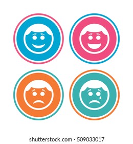 Circle smile face icons. Happy, sad, cry signs. Happy smiley chat symbol. Sadness depression and crying signs. Colored circle buttons. Vector