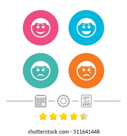Circle smile face icons. Happy, sad, cry signs. Happy smiley chat symbol. Sadness depression and crying signs. Calendar, cogwheel and report linear icons. Star vote ranking. Vector