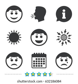 Circle smile face icons. Happy, sad, cry signs. Happy smiley chat symbol. Sadness depression and crying signs. Information, go to web and calendar icons. Sun and loud speak symbol. Vector