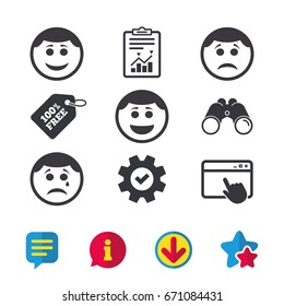 Circle smile face icons. Happy, sad, cry signs. Happy smiley chat symbol. Sadness depression and crying signs. Browser window, Report and Service signs. Binoculars, Information and Download icons