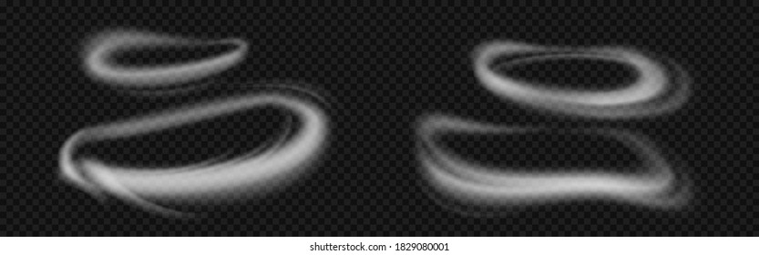 Circle smoke rings isolated on transparent background. Vector realistic mockup of flow mist swirls, white fog or steam round clouds. Smoke effect from hookah, cigarette or vape