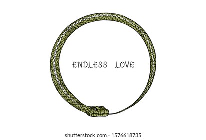 Circle snake in Vintage style. Serpent cobra or python or poisonous viper. Engraved hand drawn old reptile sketch for Tattoo. Anaconda for sticker or logo or t-shirts.