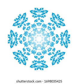 Ornamentos de copos de nieve en círculo. Diseño de degradado azul. Ilustración vectorial.