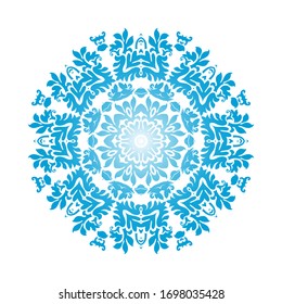 Ornamentos de copos de nieve en círculo. Diseño de degradado azul. Ilustración vectorial.