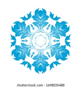 Ornamentos de copos de nieve en círculo. Diseño de degradado azul. Ilustración vectorial.