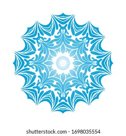 Ornamentos de copos de nieve en círculo. Diseño de degradado azul. Ilustración vectorial.