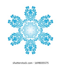 Ornamentos de copos de nieve en círculo. Diseño de degradado azul. Ilustración vectorial.