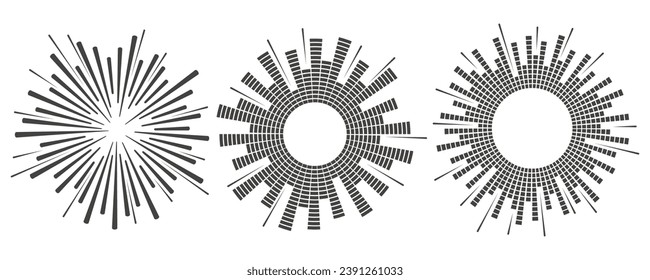 Ola de sonido circular. Ecualizador de música de audio. Conjunto de iconos redondos circulares. Patrón radial de espectro y marco de frecuencia. Diseño de vectores.