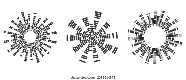 Circle sound wave. Audio music equalizer. Round circular icons set. Spectrum radial pattern and frequency frame. Vector design.